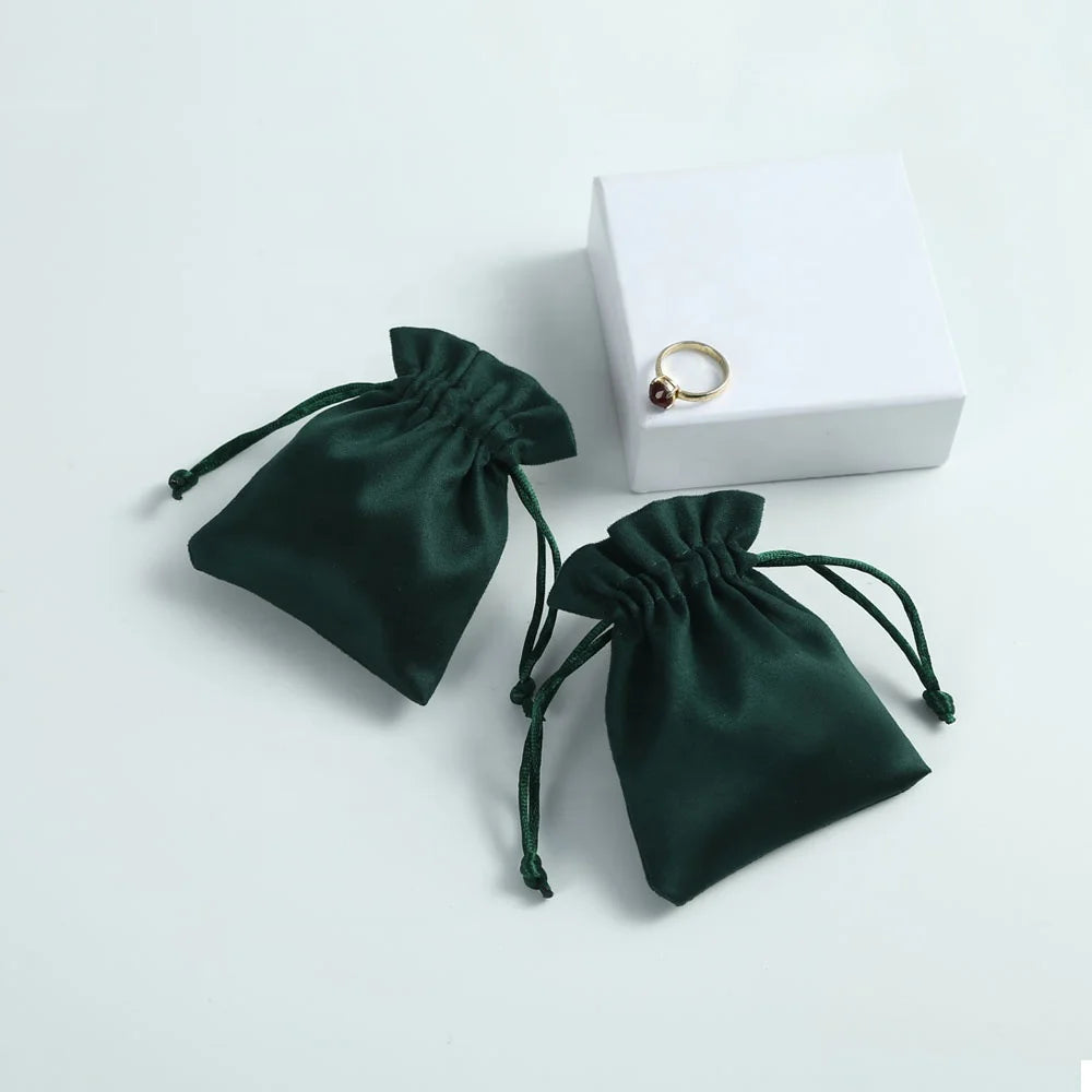 7*9cm Luxury Dark Green Earring Pouch for Display and Storage Drawstring Suede Leather Pouches Flannel Bag