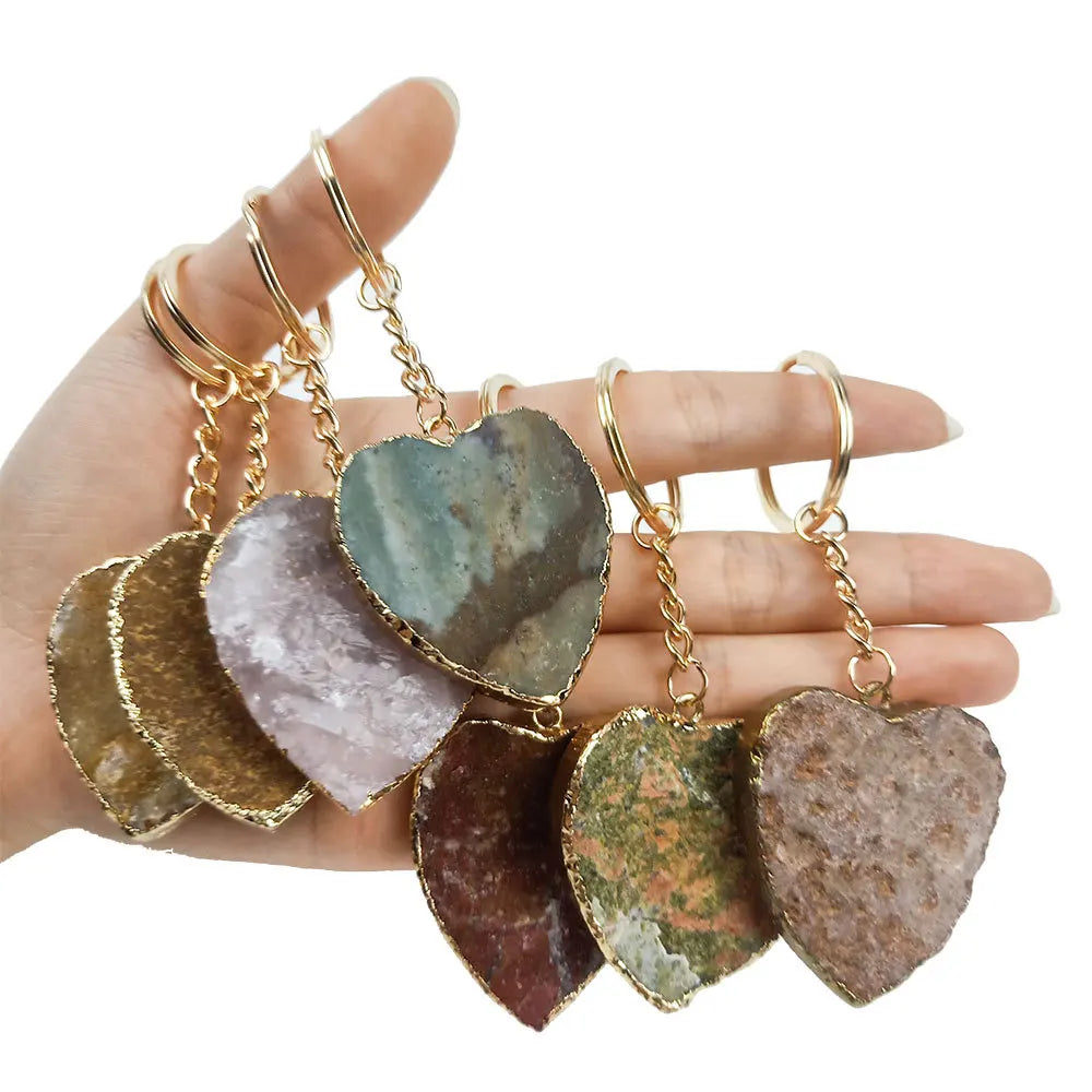 HZ Best Selling Low Price Crystal Agate Semi Precious Stone Original Stone Heart Shape Key Chain Pendant Chain Souvenirs Gift