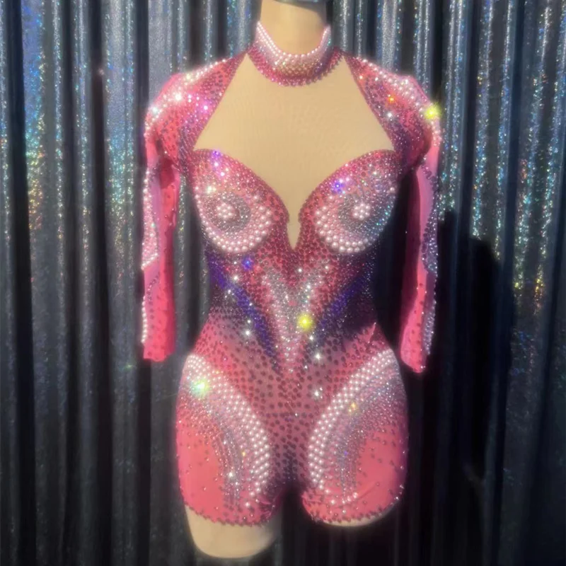 Mono Mujer Exotic Dancer Clothes Stage Performance Costume Sexy Pink Crystal Rhinestone Club Party One Piece Mesh Short Jumpsuit