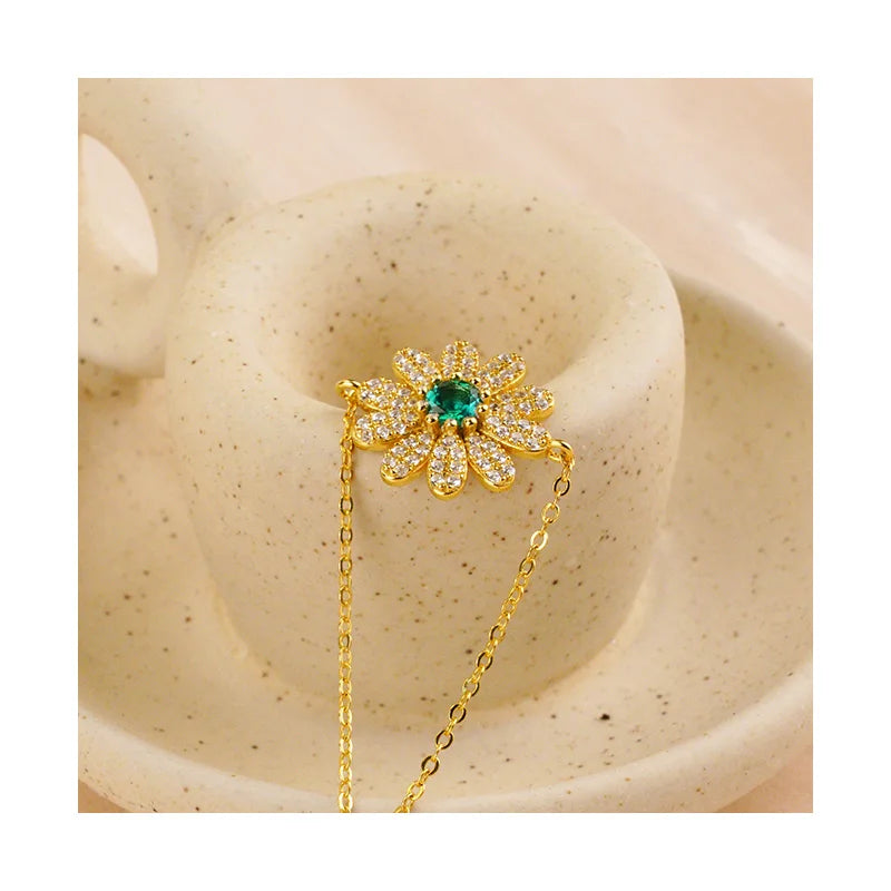 925 Sterling Silver Natural Stone Bracelet Cute Sunflower-Style Emerald Couples Bracelet for Parties and Gifts