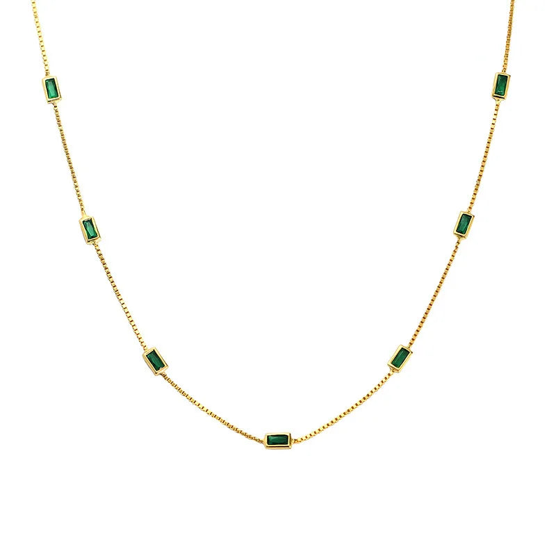 Fashion 925 Sterling Silver Rectangle Green Emenald Stone Gold Plated Necklace for Women Jewelry Necklace