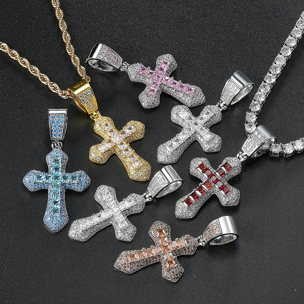 Luxury Chunky Gold Plated Cross Twist Rope Chain Necklace Zircon CZ Cross Pendant Necklace Hip Hop Jewelry