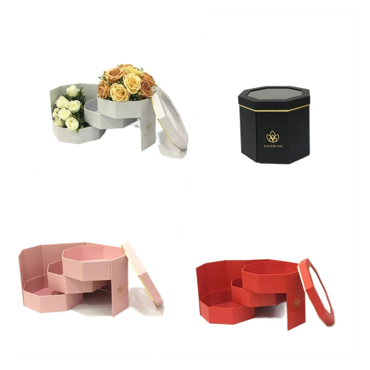 The Latest Style Spot Octagonal Three-Layer Rotating Gift Box Printing and Bronzing PVC Window Grille Box With Hand Flower Gift