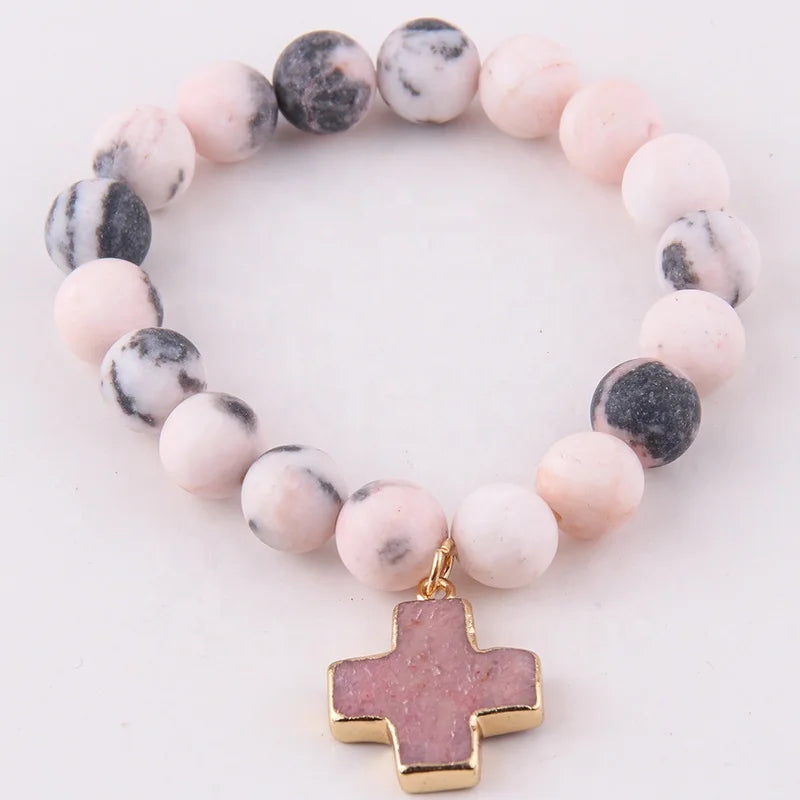 New Jewelry Wholesale Agate Stretch Beaded Bracelet 10mm Frosted Natural Gemstone Pink Zebra Cross Bracelets