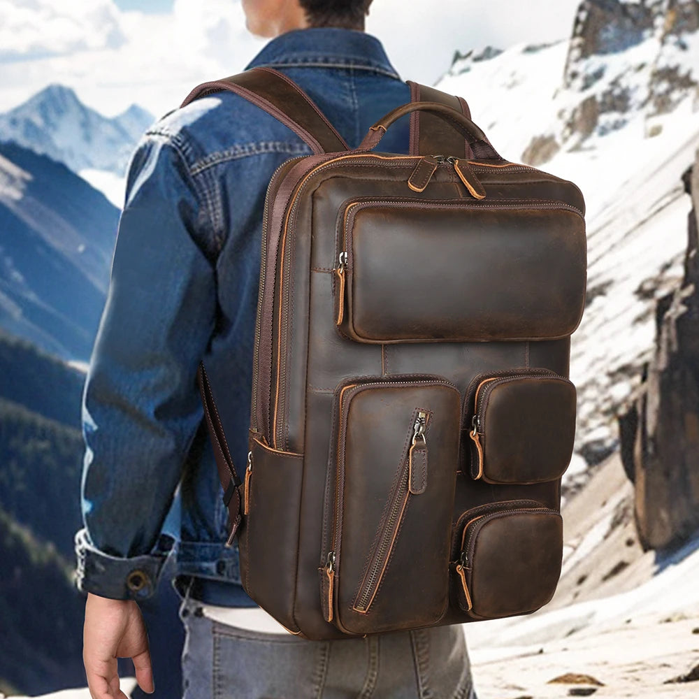 New Design Genuine Leather Men's Backpack Vintage Outdoor Crazy Horse Cowhide Laptop Backpack for Travelling Dropshipping