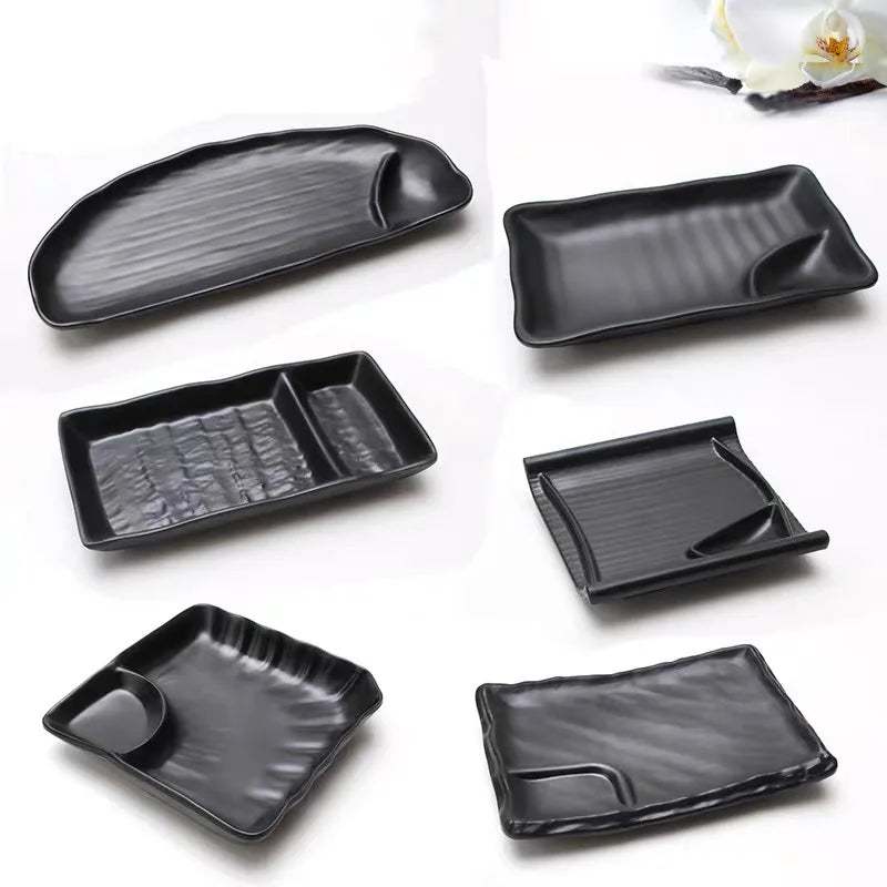 Home Restaurant Melamine Black Custom Rectangle Sushi Dinnerware Plates with Saucer Durable Heavy Party Tableware Sets