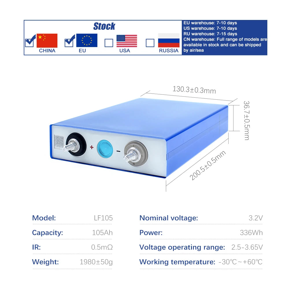 EVE 3.2V 105Ah 4000 Cycles Rechargeable Lifepo4 Lithium Battery Cells Battery for Solar System Carts Storage
