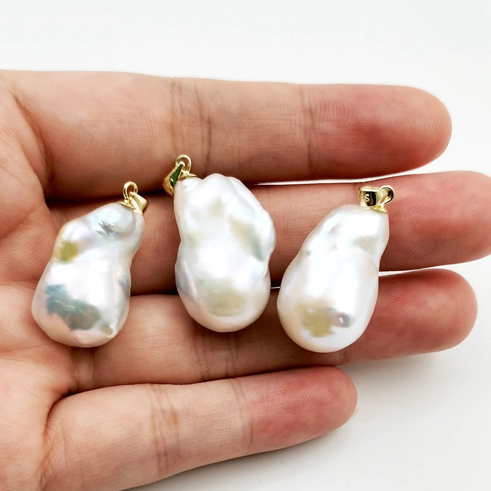 925 Sterling Silver Pendant Genuine Real Big Large Baroque Pearl Natural Fresh Water Pearl Necklace Charms Jewelry Design