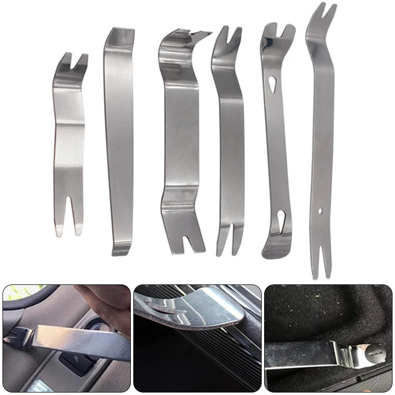 6PCS Kit Trim Door Clip Panel Dash Dashboard Audio Radio Interior Repair Removal Tool Metal Silver Color Car Removal Pry Tool