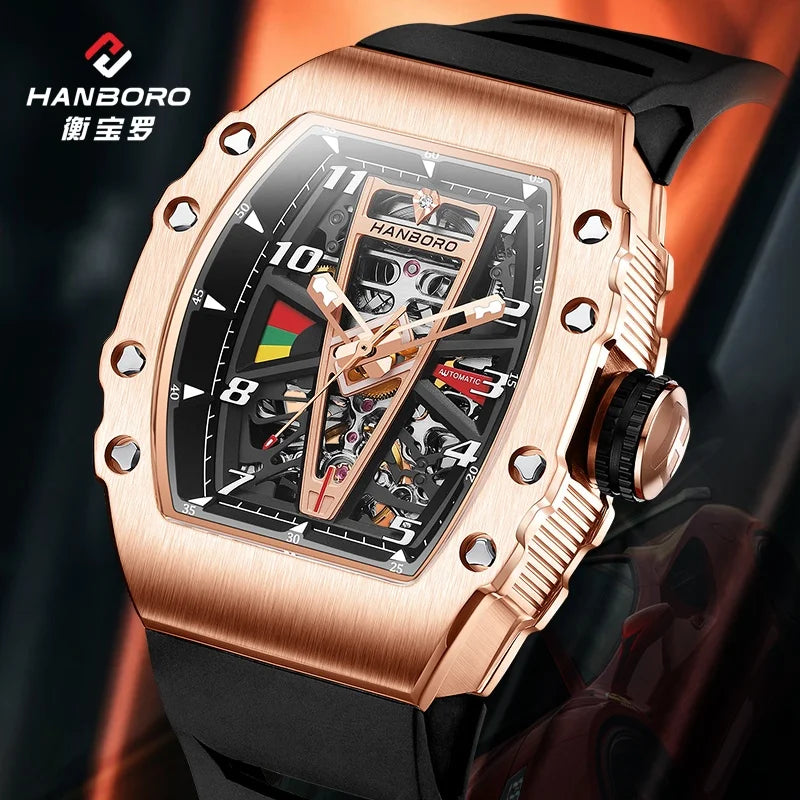 Men's Fully Automatic Mechanical Watch Square Pointer Stainless Steel 5BAR Waterproof Sapphire Crystal Rubber Band Business