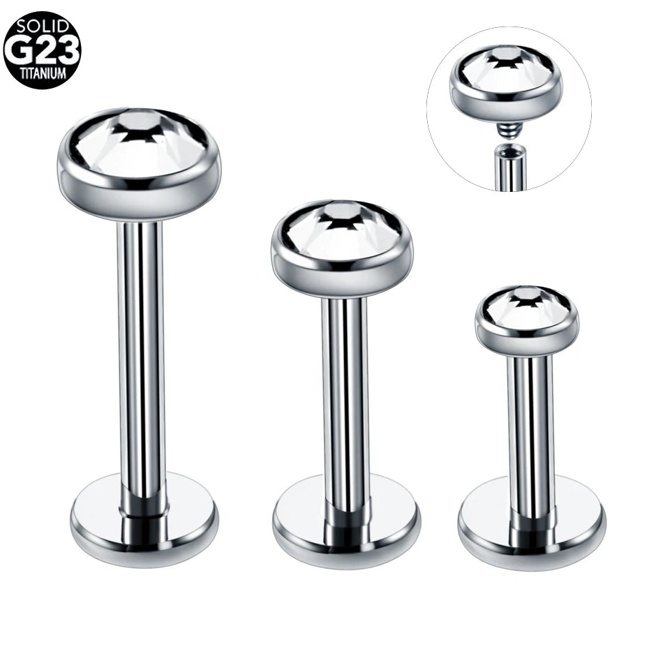 Titanium Labret Stud Round Crystal Zircon Lip Rings Internal Threaded Ear Cartilage Tragus Piercing Body Jewelry