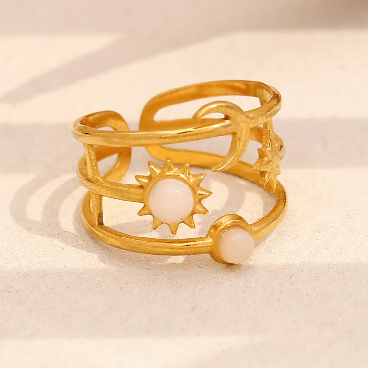 MC273 Wholesale Stainless Steel 18K Gold Plated Sun Stars Moon Open Finger Ring Gemstone Hollow Fashion Jewelry Ring for Women