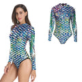 Women Fish Scales Mermaid Swimsuit Long Sleeves Bodysuit Holiday Party Costume Swimwear