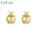 CZCITY Cute Girls 925 Sterling Silver Kawaii Rainbow CZ Diamond Ladybug Baby Stud Earrings