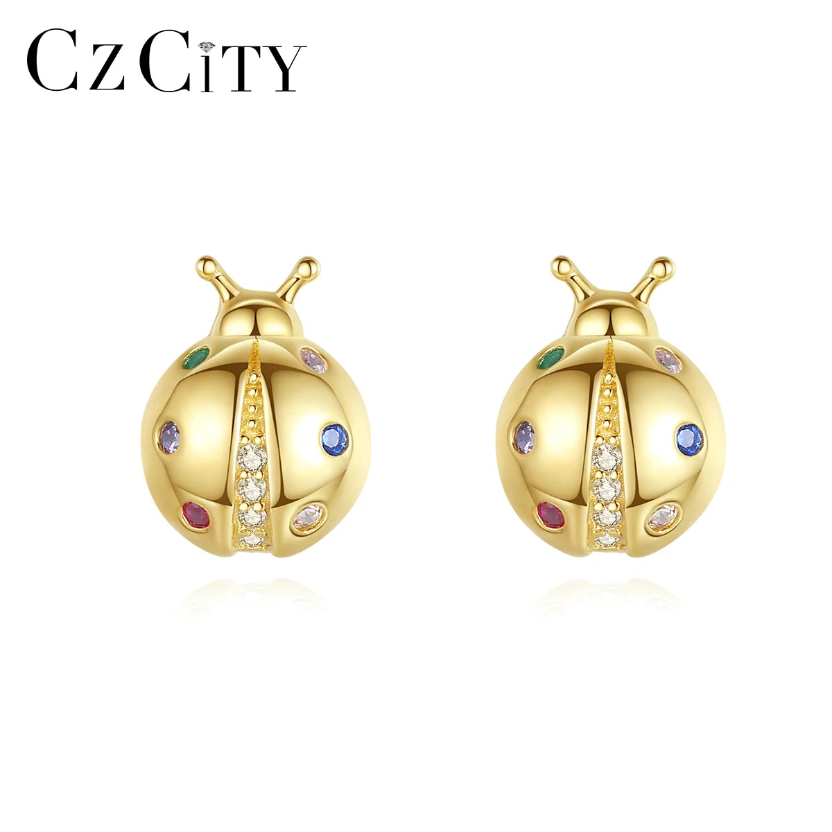 CZCITY Cute Girls 925 Sterling Silver Kawaii Rainbow CZ Diamond Ladybug Baby Stud Earrings