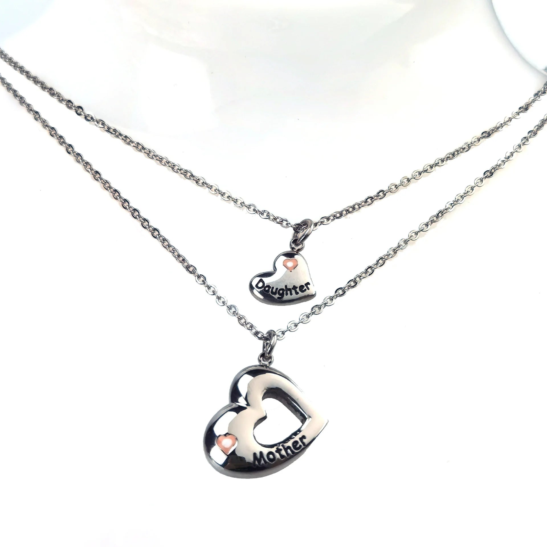 DAIHE Mother Daughter Letter Double Heart Necklace Mother's Day Jewelry Gifts Heart Shape Letter Pendant Necklace