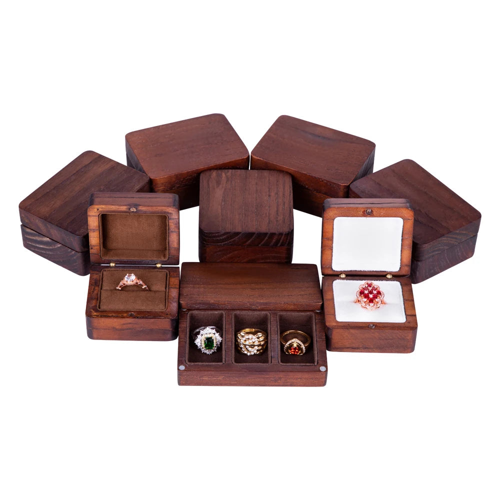 Ring Box Portable Walnut Storage Wood Wooden Wedding Jewelry Engagement Canvas Pendent Necklace Box Custom Logo Customized Color