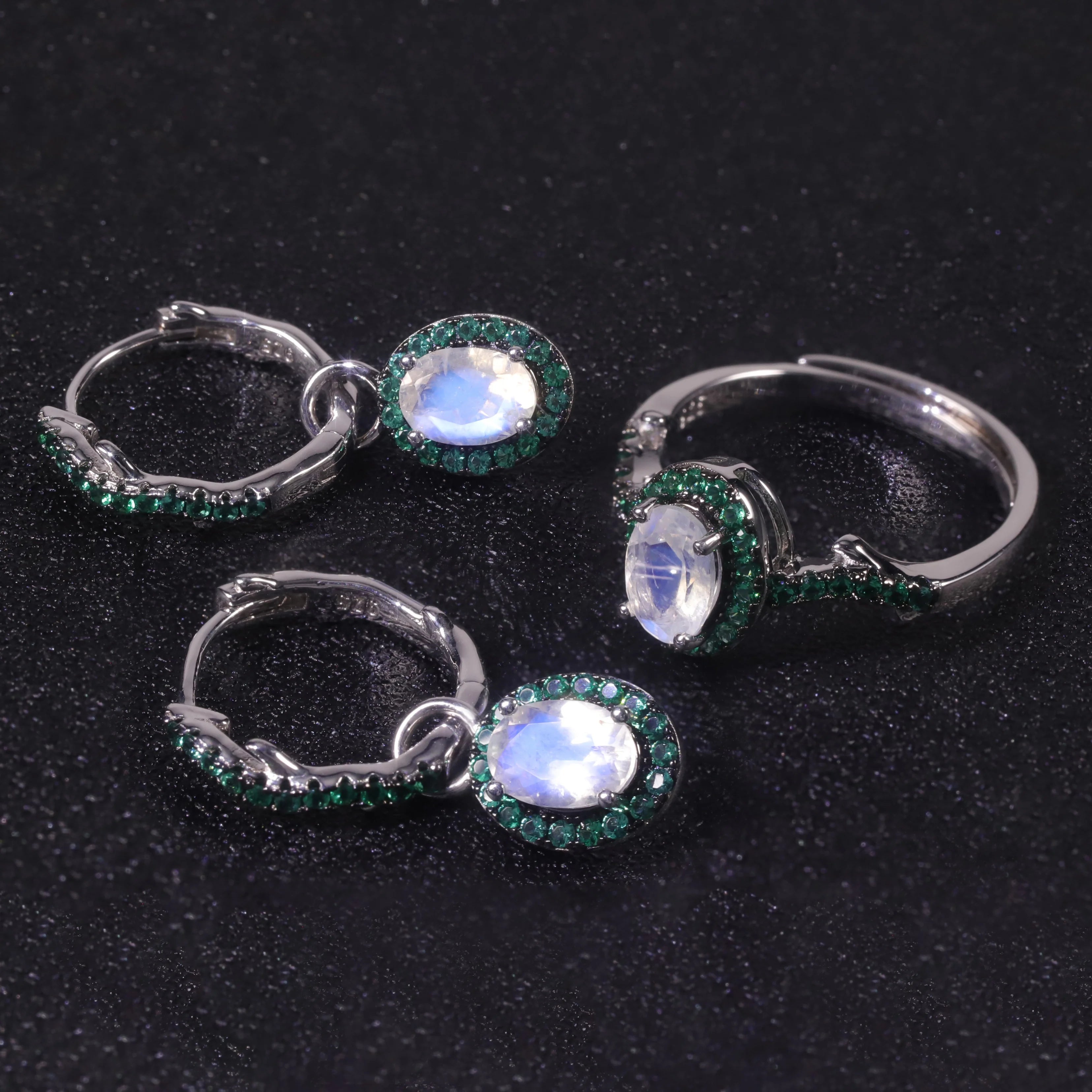 C8211 Abiding Vintage Halo Nano Emerald Green Oval 5X7MM Milky Blue Moonstone 925 Silver Jewelry Sets for Girls