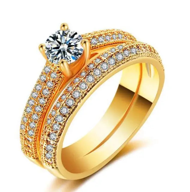 Engagement Jewelry Real Gold Plated CNC Setting Cubic Zircon Wedding Ring Set