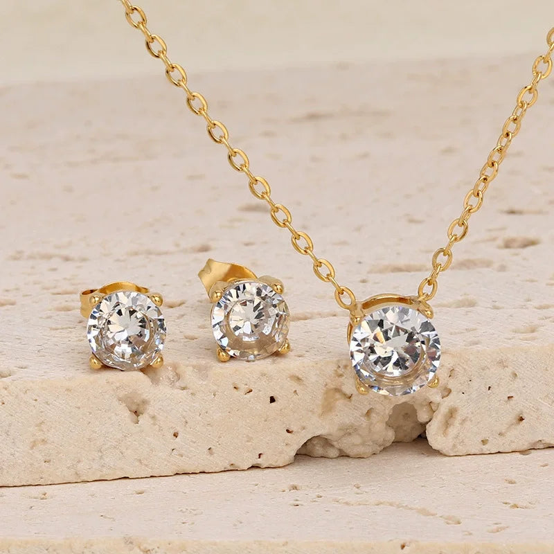 Hot Sale 18K Pvd Gold Plated Stainless Steel Classic Four Claw Single Diamond Necklace Earrings Set Jewelry Set for Women