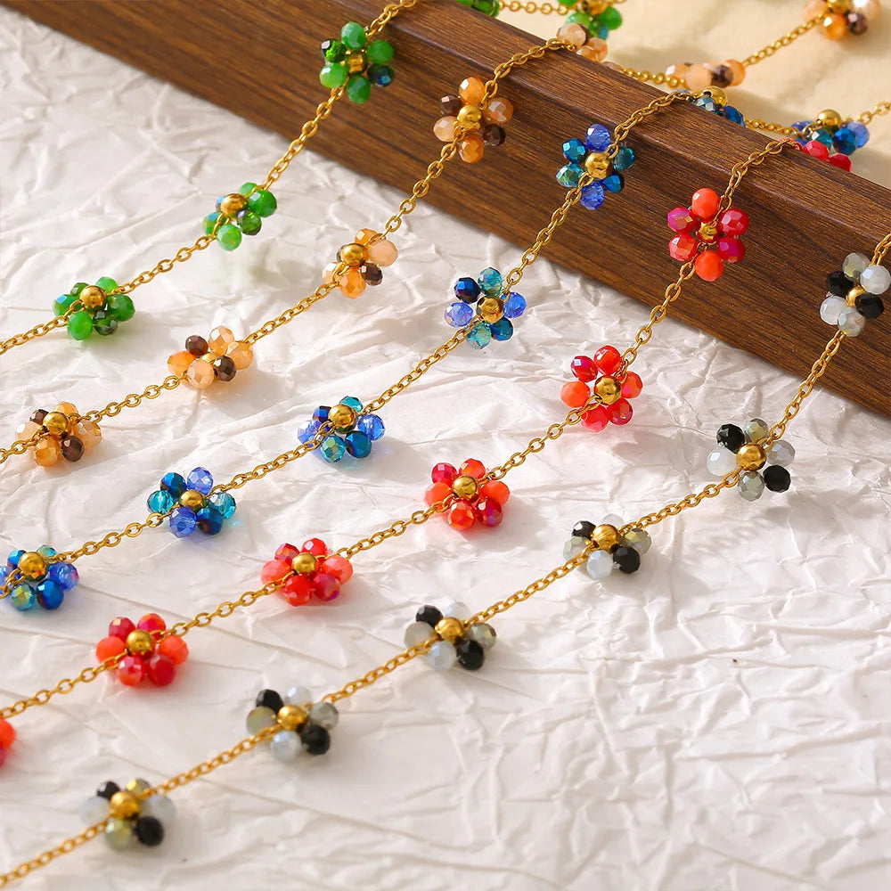 Bohemian 18K Gold Plated Bead Necklace Bracelet Anklet Sets Handmade Small Flower Glass Beaded Stainless Steel Jewelry Set