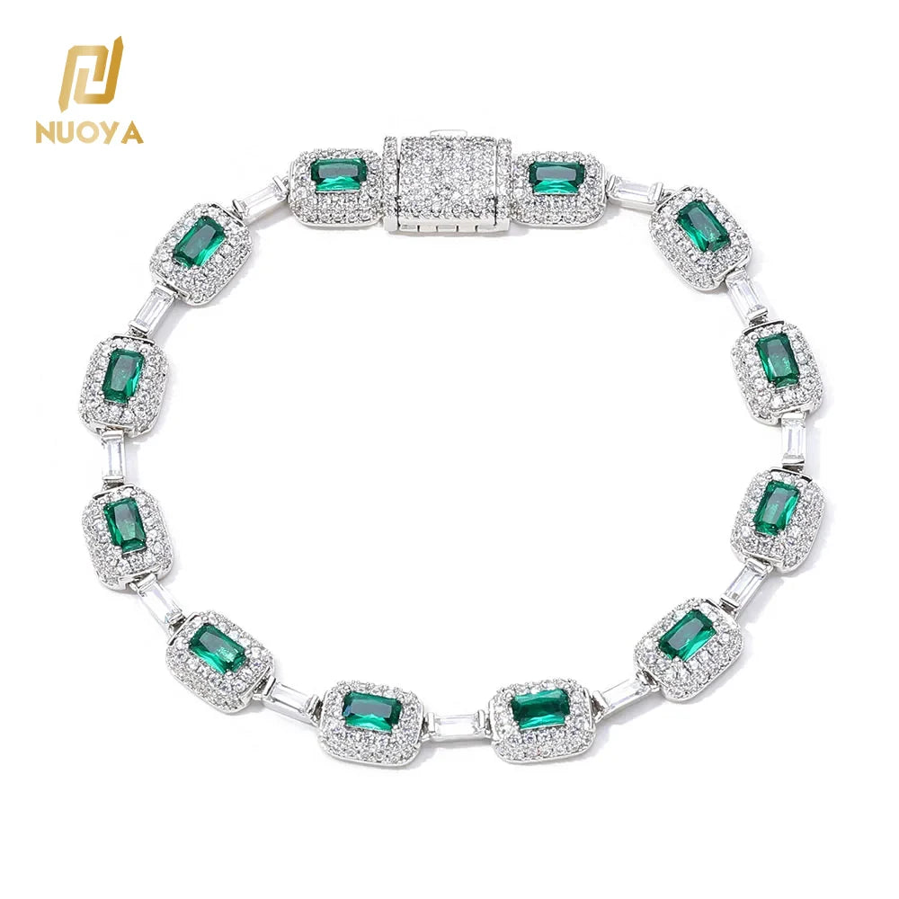 NUOYA Trendy Women's Jewelry Silver Plated Green Baguette Diamond Chain Bracelet Micro Pave Emerald Zircon Fashion Bracelet