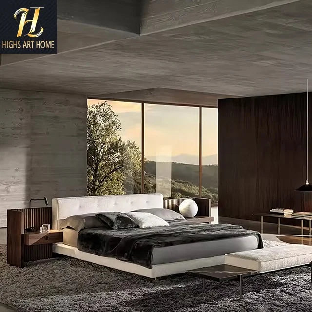 Modern Simple Light Luxury Italian Bed High End Villa Master Bedroom New Design Wood Grain Process Widescreen Bed