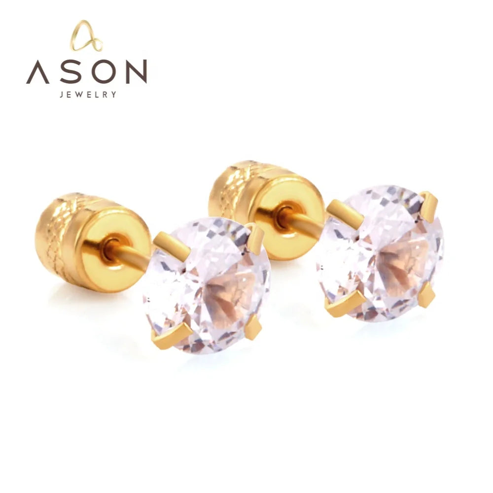 ASON Wholesale Price Zircon Stainless Steel Earring 18K Gold Plated Custom Screw Earrings Jewelry