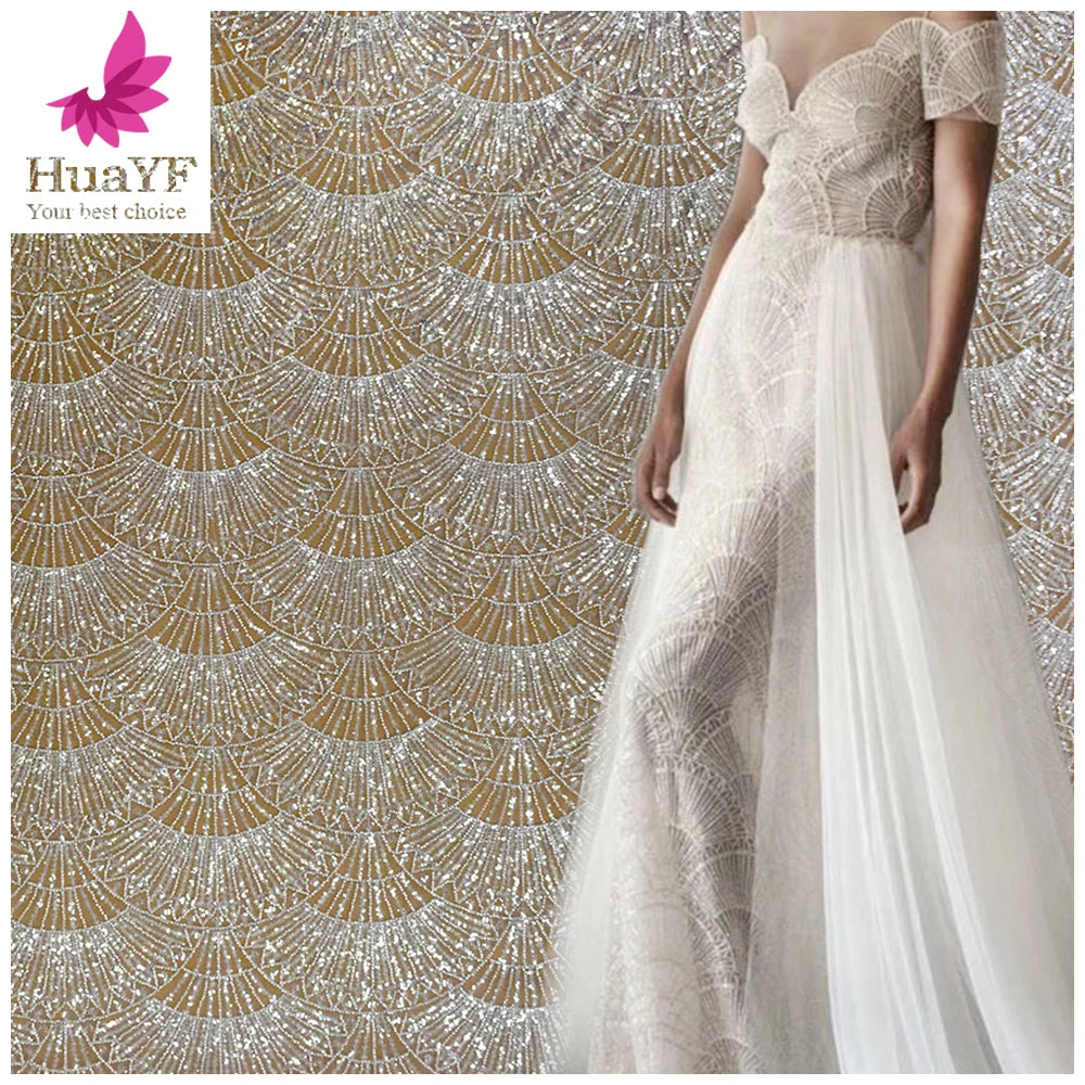 Super Shining Top Quality French Fashion Trendy White Color Bridal Laces Fabric for Wedding Party Events HY1688-4