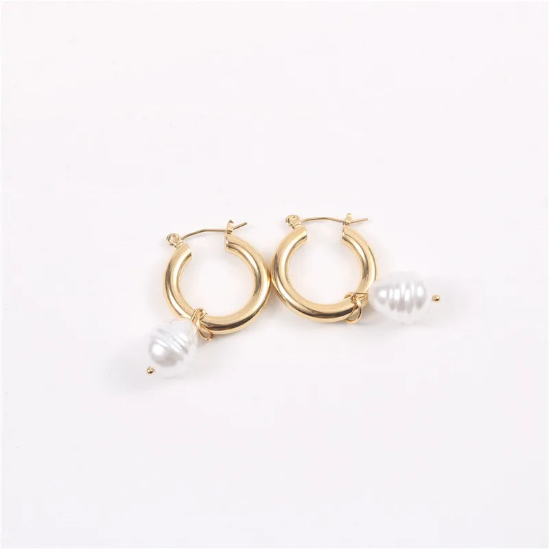 18k Gold Plated Stainless Steel Hoops Earrings Jewelry Baroque Freshwater Pearl Earrings for Women