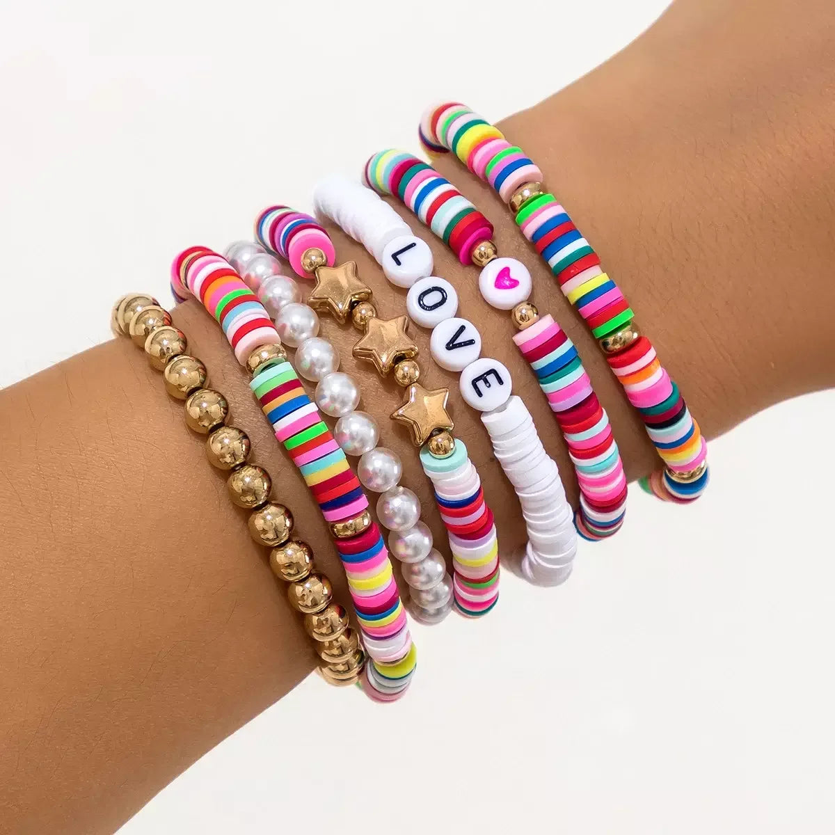 7Pcs Boho Colorful Polymer Clay Star Heart Beaded Layered Bracelets for Women Elastic Beads Chain Couple Friend Hand Y2K Jewelry