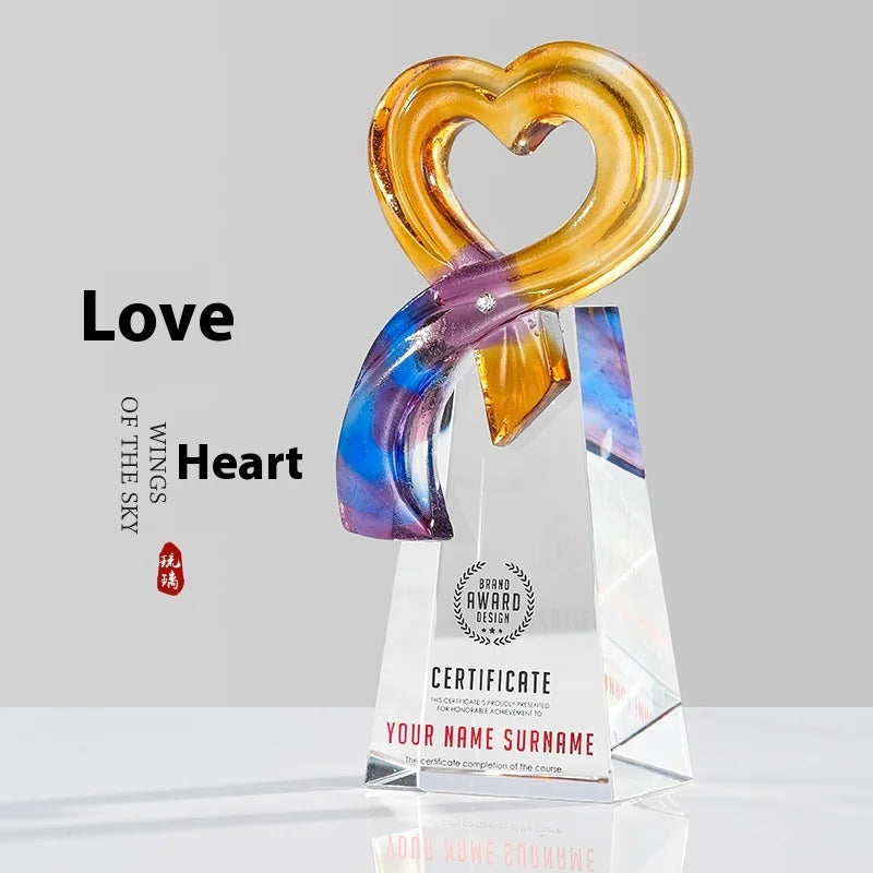 Custom High-End Crystal Trophy Award Plaque Elegant Heart-Shape Glass Design for Sports Company Annual Meeting School Carved