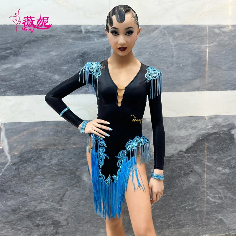Vennystyle Jazz Latin Dance Wear Costumes Girls Sequined Ballroom Dancing Dress Kids Performance Latin Dance Costume