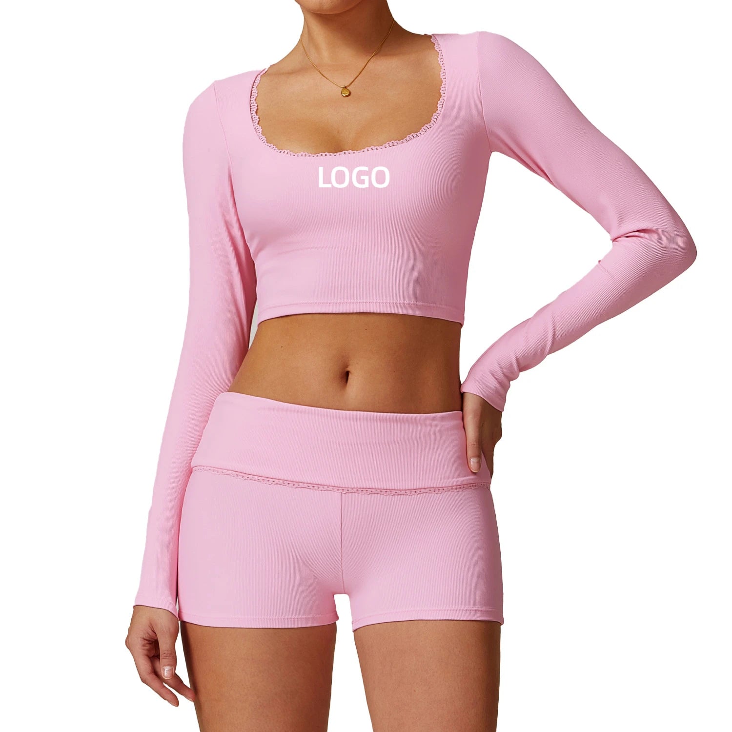 New Tight Yoga Wear Outdoor Running Fitness Lace tank Top Ribbed Long Sleeve Sports Top for Women