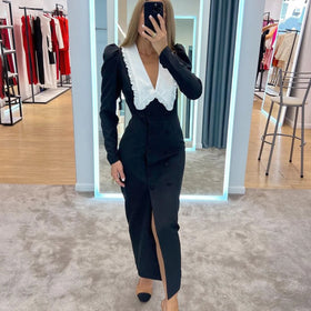 Enyami Retro French Fashion Sexy V Neck Peter Pan Collar Patchwork Black Cotton Long Sleeve Casual A-line Women Dress