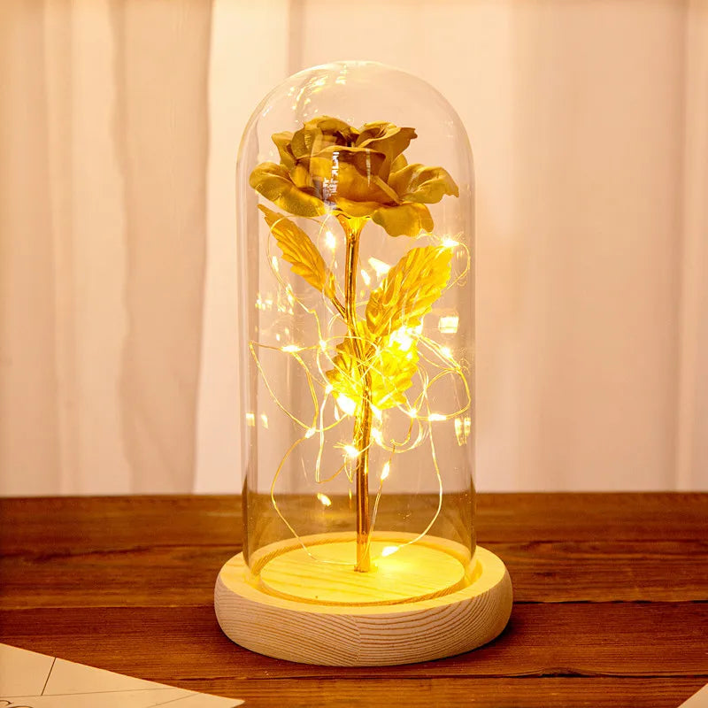 Valentine's Day Gifts Enchanted Golden Rose Led Lamp 24k Gold Foil Artificial  in Glass Dome Decorative Flowers With Lights