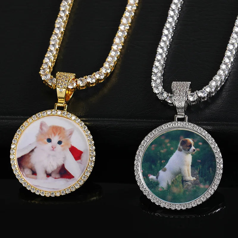 Statement Memory Custom Photo Necklace Zircon Diamond Hip Hop Round Solid Photo Pendant