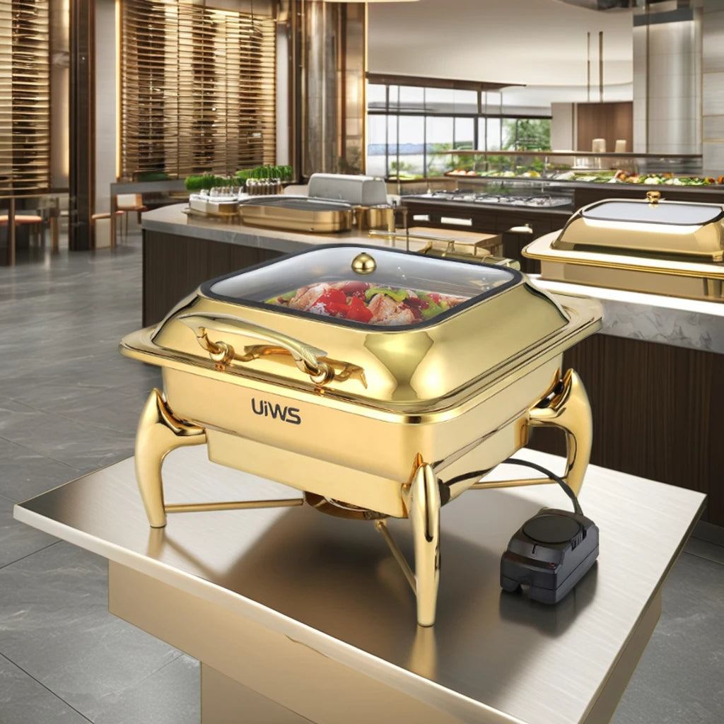 Modern Stainless Steel Chafing Dish Square Silvery/Gold Buffet Food Warmer 220V Rectangle Food Pan Hotel Use