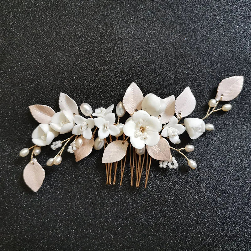 SLBRIDAL Handmade Alloy Freshwater Pearls Clay Flower Bridal Hair Comb Hair Pin Wedding Headdress Hair Accessories Women Jewelry
