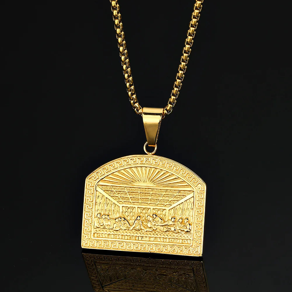 Fatingna Unisex Last Supper Jesus Pendant Stainless Steel Gold-Plated Religious Jewelry Hip Hop Style Finish Gold Plated