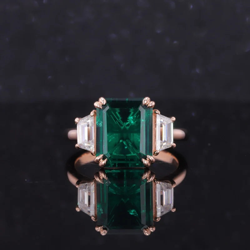 Three Stones 9x11mm Emerald Cut Zambian Emerald Gold Jewelry 6x4x3mm Trapeziod Def/gh  Moissanite Woman Engagement Ring