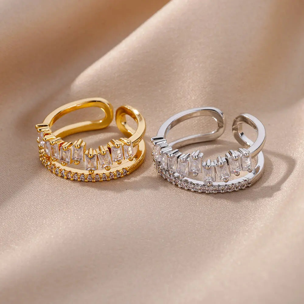 SC Wholesale Fashion Gold Silver Plated Rings Trendy Multilayer Geometric Rings Luxury Shiny Zircon Open Rings for Women