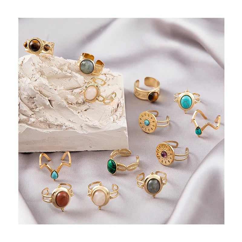 Stainless Steel Ring With Stone 18k Gold PVD Plated Adjustable Turquoise Stone Stainless Steel Ring Jewelry Gifts