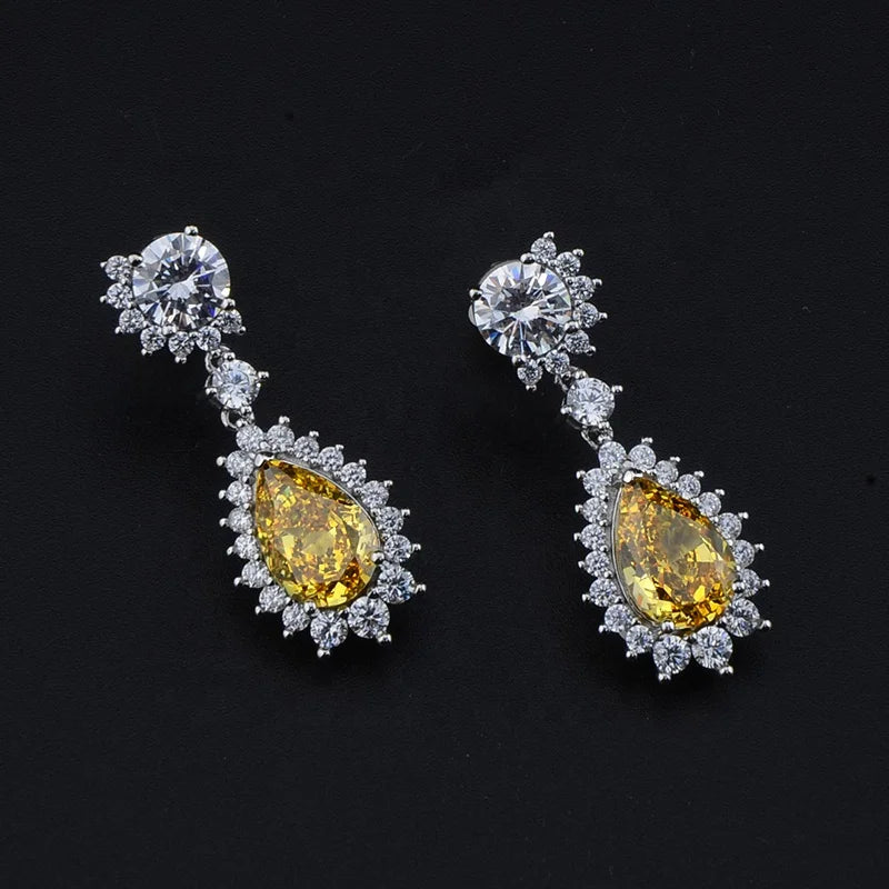 New 925 Sterling Silver Droplet Shape Earstuds Cushion Yellow Ice Cut CZ Pendant Earstuds Women Jewelry