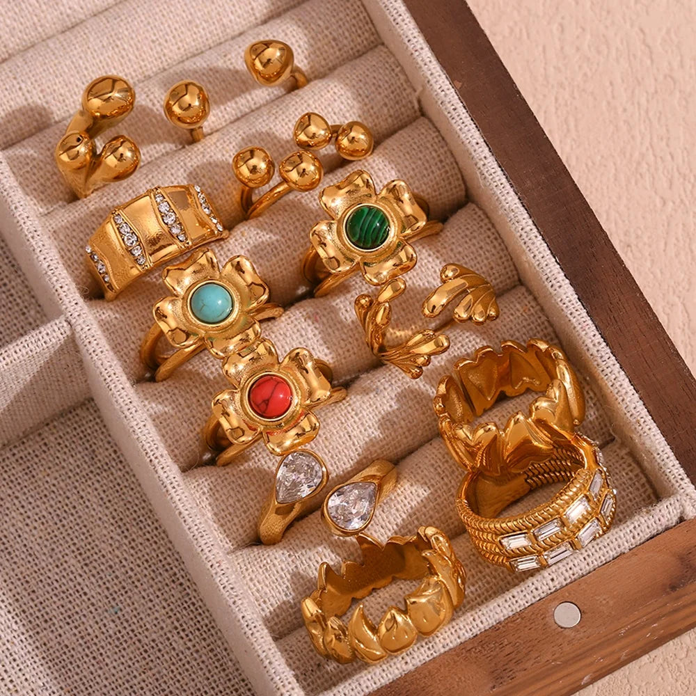 Dreamshow Colorful Jewelry Set Natural Stone Rings PVD Gold Plated Ring Set Stainless Steel Signet Ring