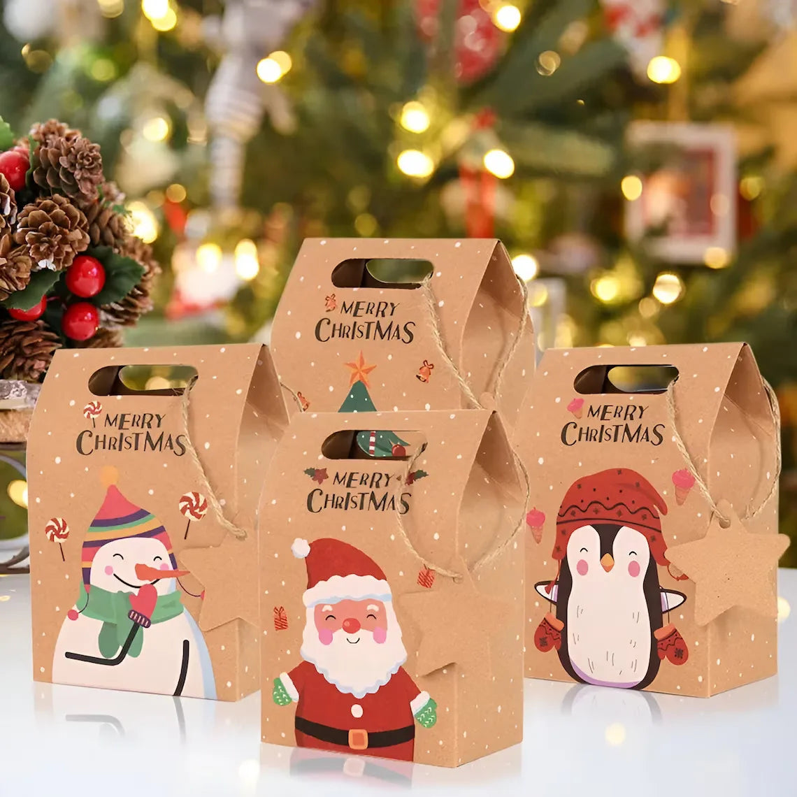 Wholesale Cheap Brown Paper Box Christmas Treat Bag With Handles Recycle Art Snack Cookies Candy Gift Paper Bag