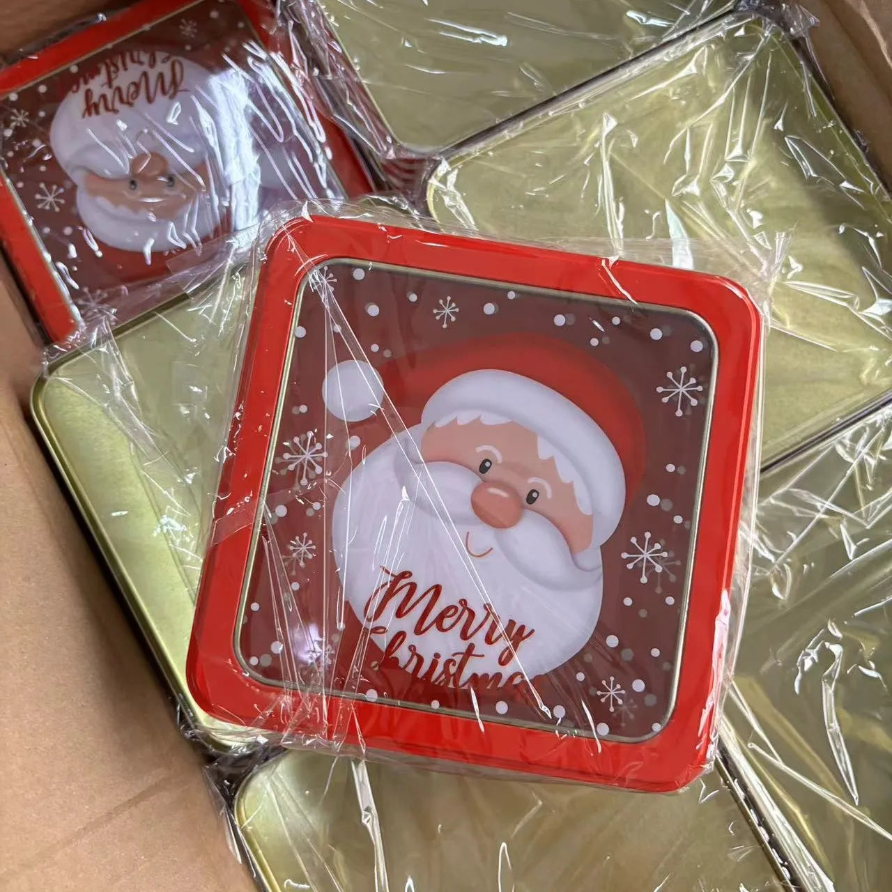 Christmas Tinplate Tin Box with Window Mousse Cake Packaging Christmas square Metal Gift Tin Box