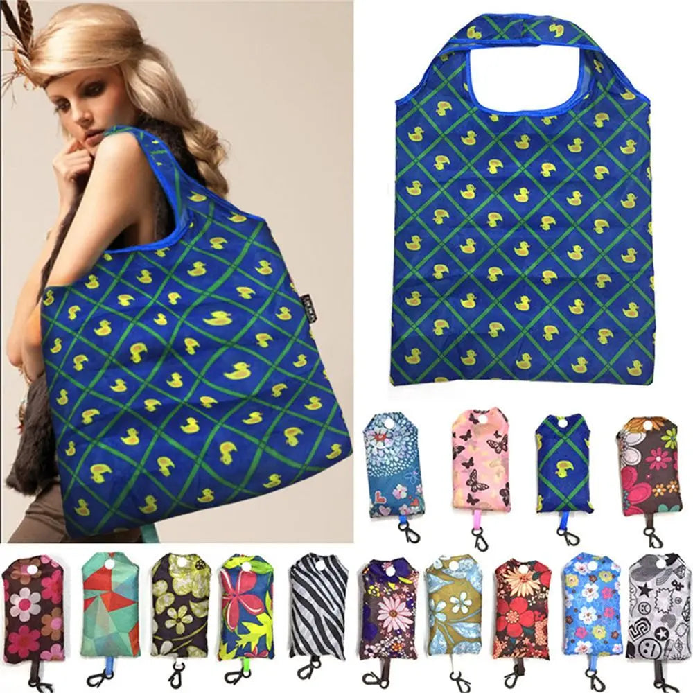 Eco-friendly Floral Print Polyester Shopping Bag Foldable Grocery Tote with Hook Reusable Cartoon Pattern Pouch Promotional Item