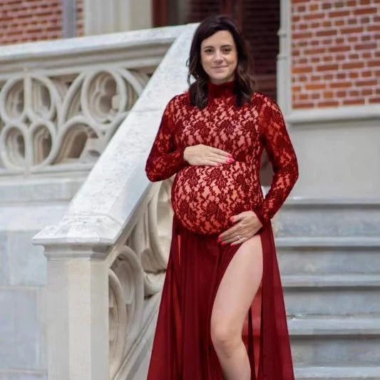 European and American Women's Lace Maternity Romper With Chiffon Floor Length Skirt 2-Pieces Set