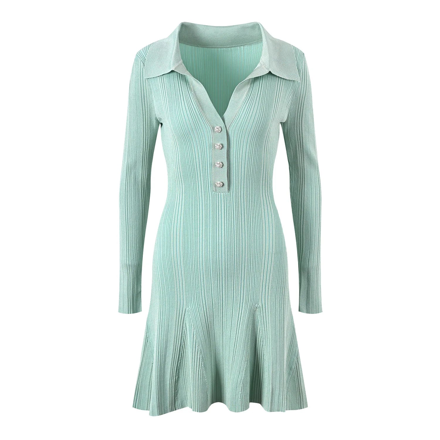 2026 Spring Lady Solid Wear Polo Collar V-neckline Long Sleeve Women Knit A-line Slim Fitted Short Dress